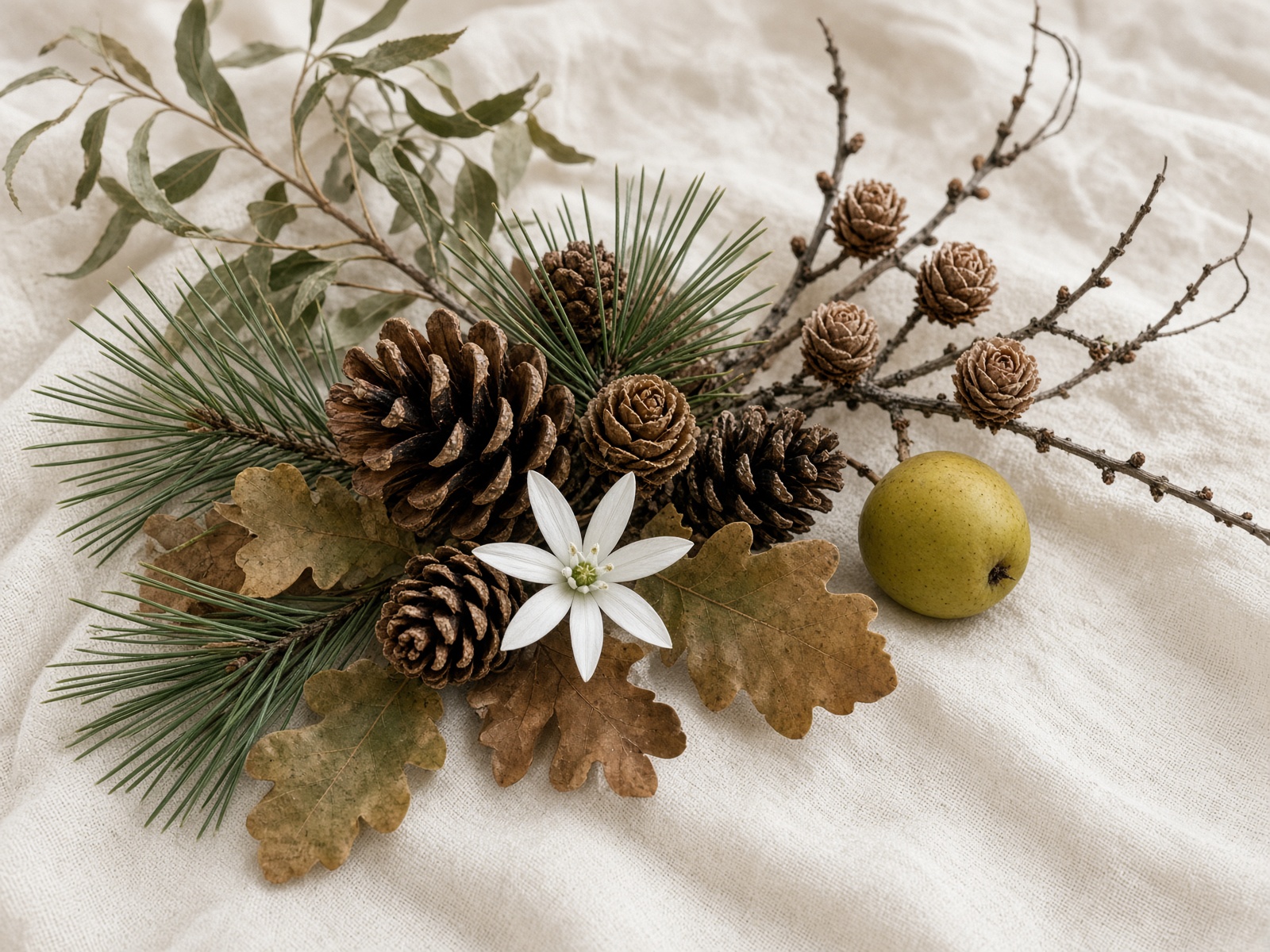 Pine, oak, star of Bethlehem, willow, and crab apple on linen