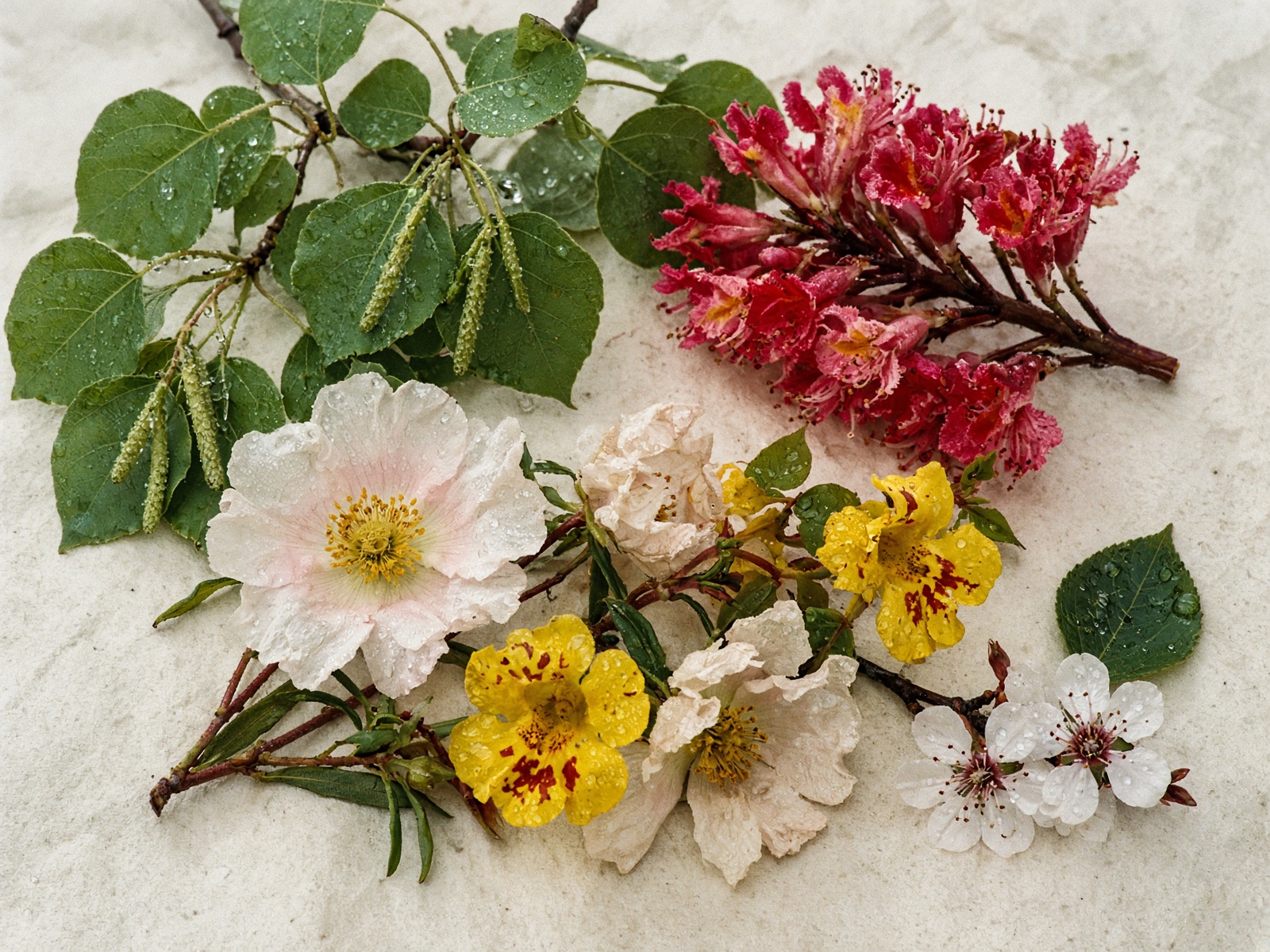 Rock rose, mimulus, aspen, cherry plum, and red chestnut gathered on cream paper