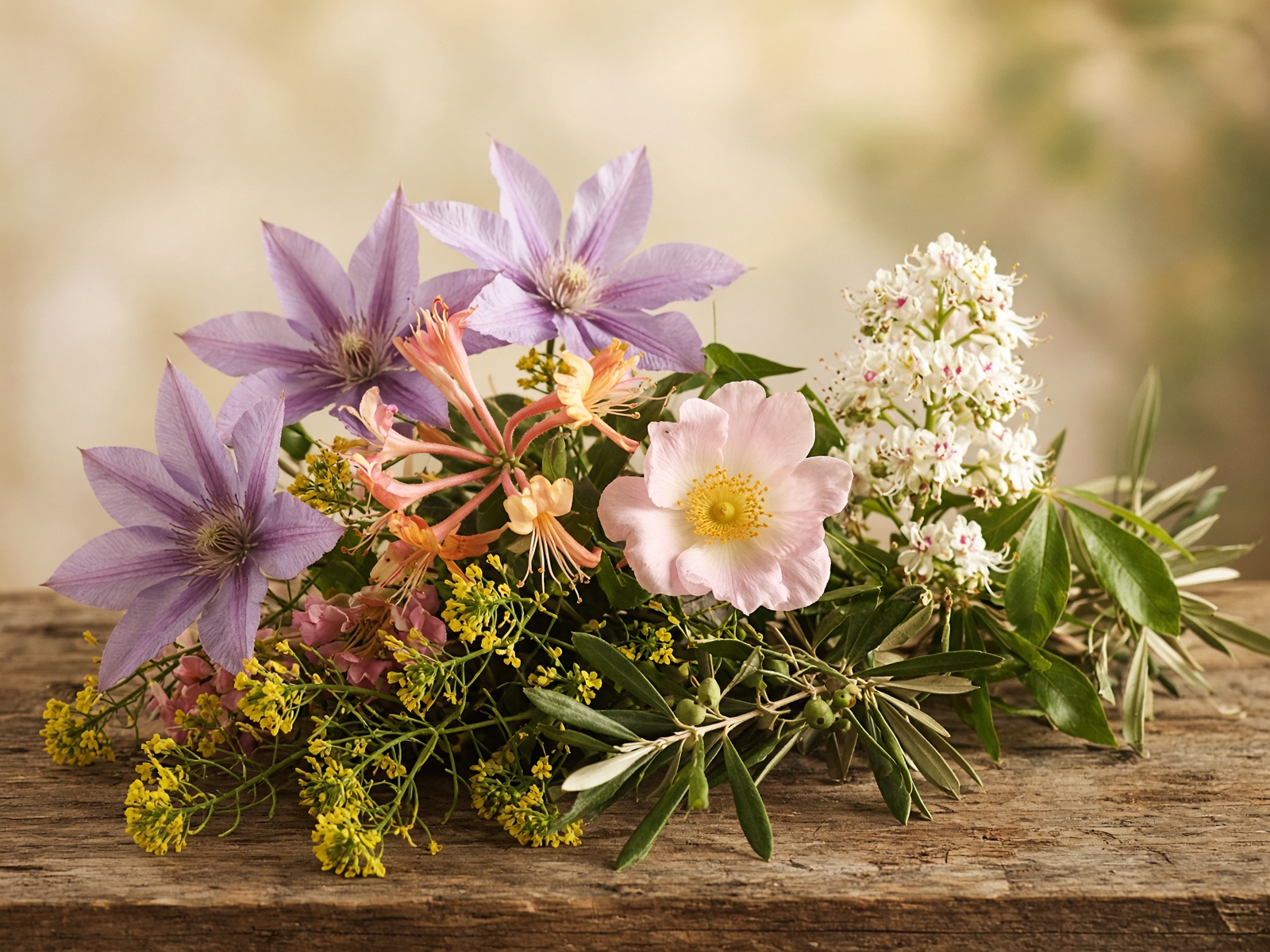Clematis, honeysuckle, olive, and white chestnut on a wooden board