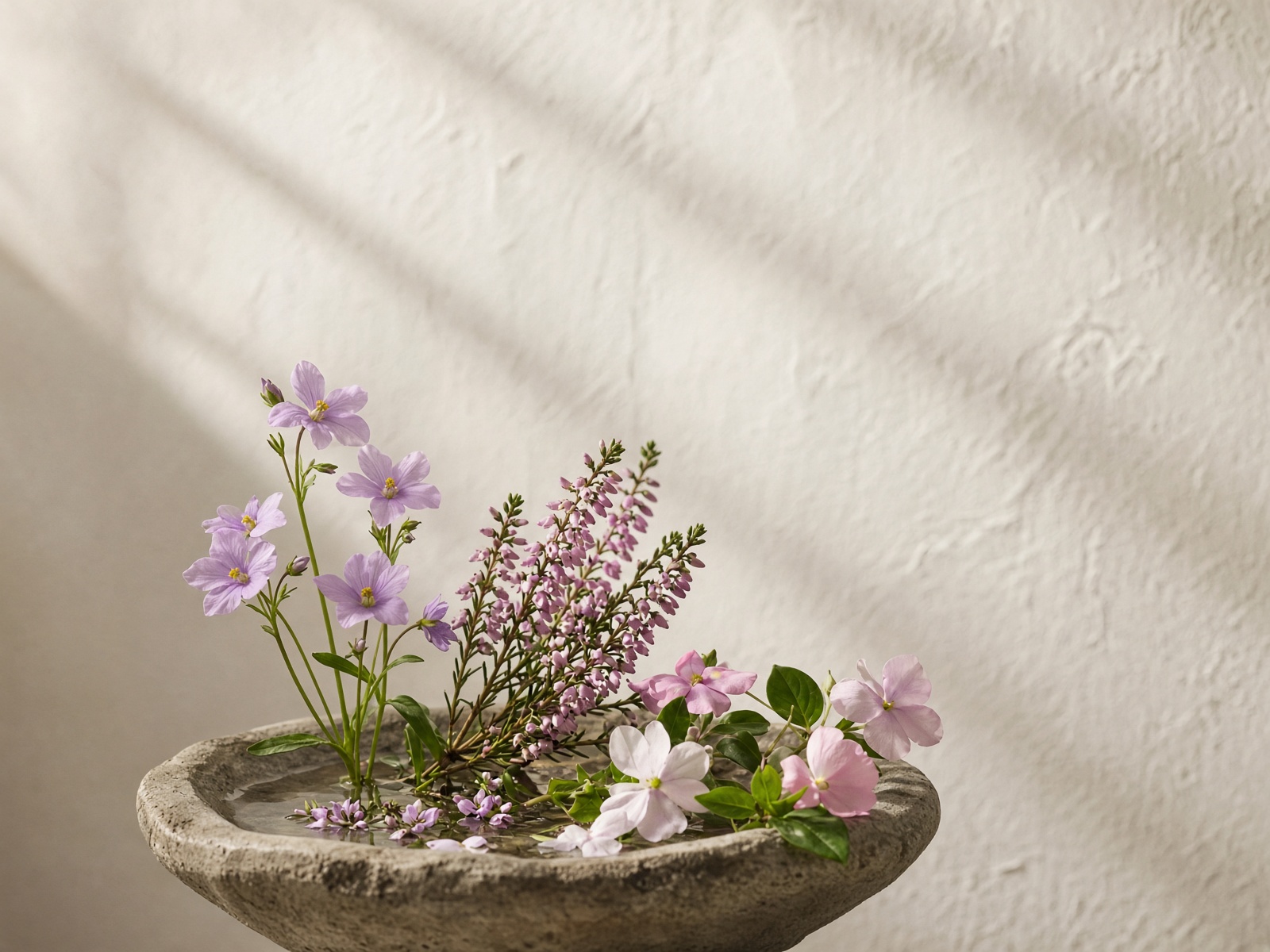Water violet, heather, and impatiens in a stone dish of water
