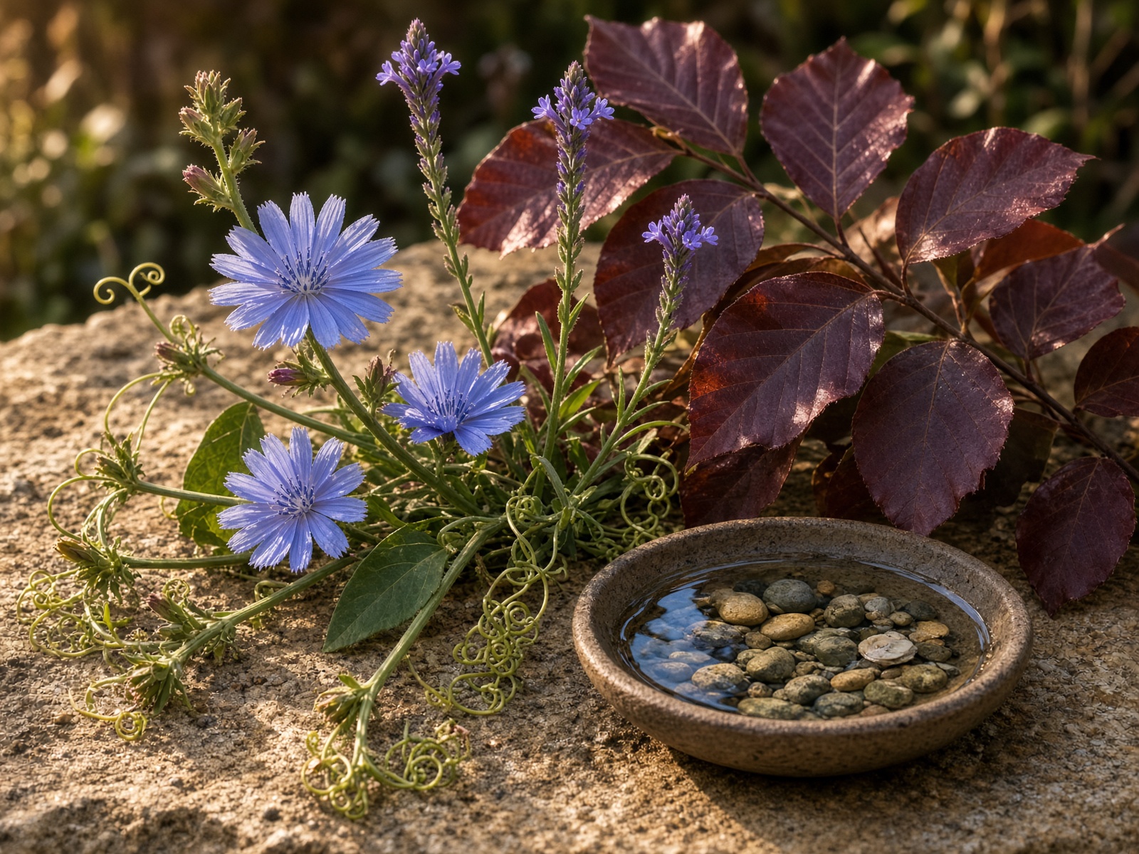 Chicory, vervain, vine, beech leaves, and a small dish of rock water