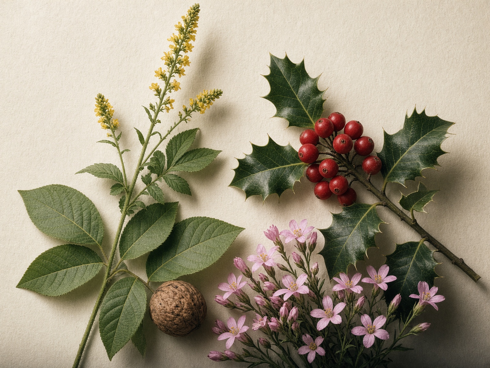 Agrimony, walnut, holly, and centaury on cream paper