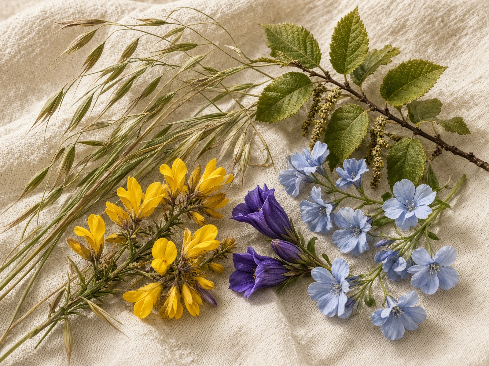 Wild oat, gorse, gentian, and hornbeam on cream linen