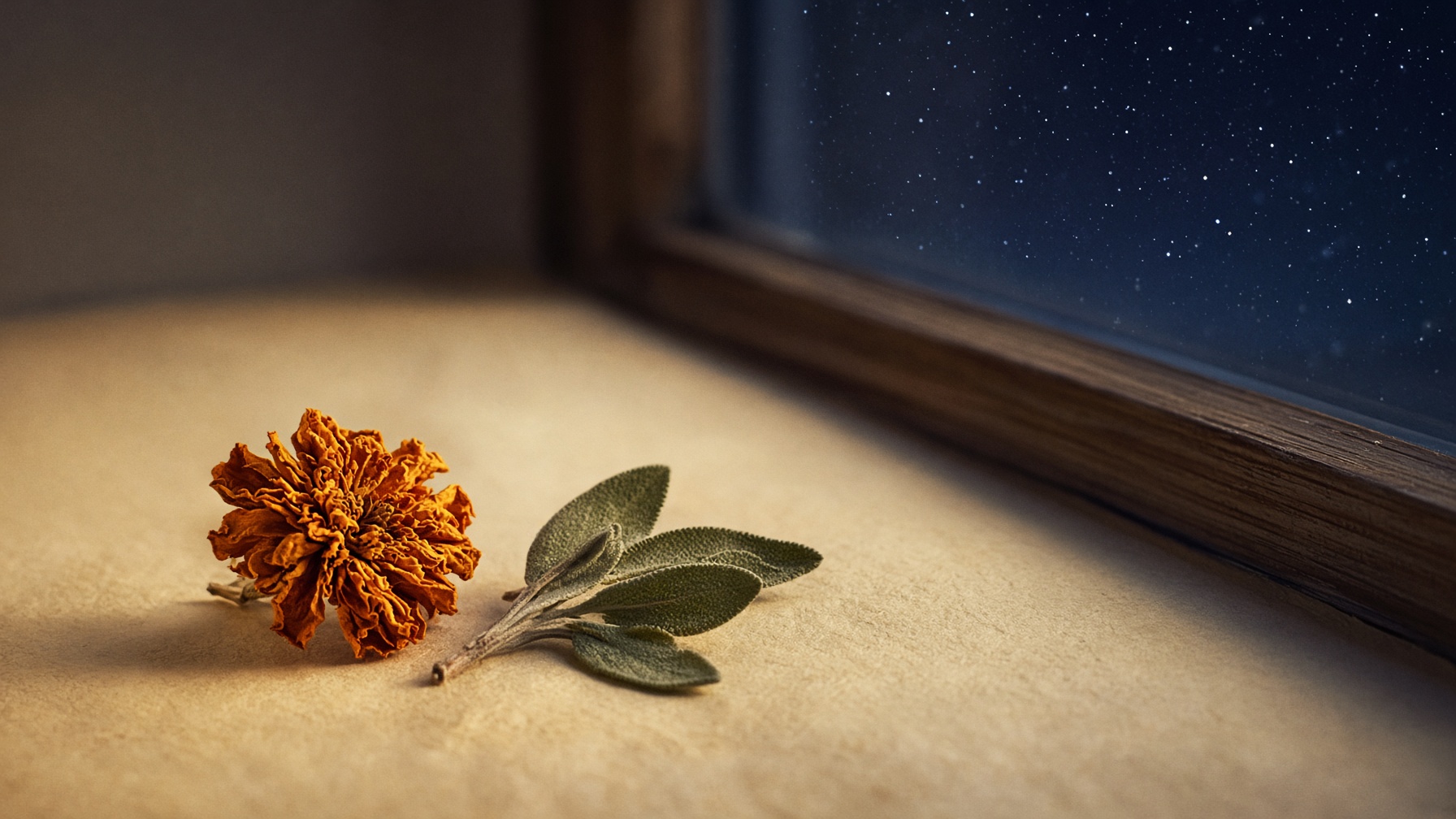 Marigold and sage beside a window of stars