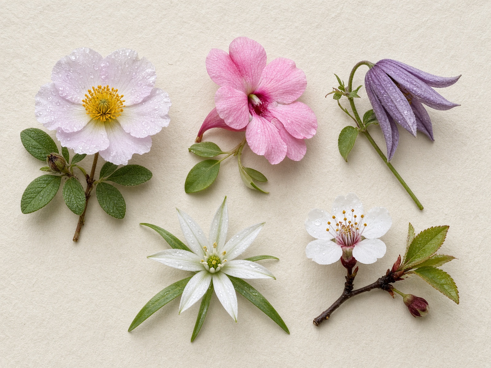 Five wildflowers gathered on cream paper — Rescue Remedy’s company